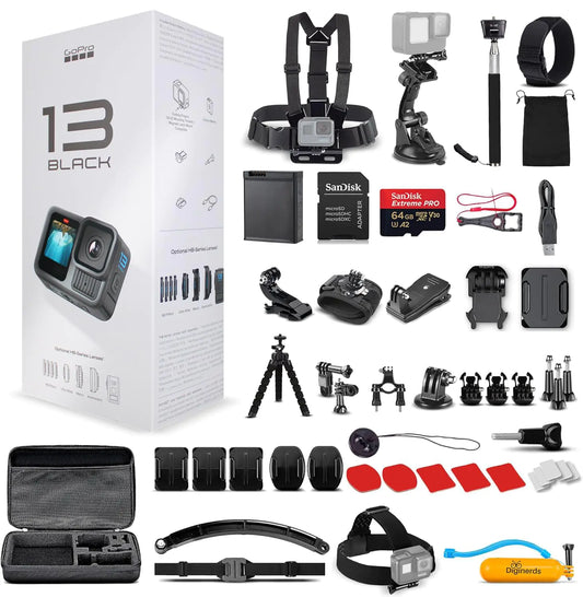 GoPro HERO13 (Hero 13) Black Waterproof Action Camera with 5.3K HDR Video 27MP Photos 1/1.9" Image Sensor Webcam Live Streaming Stabilization with 64GB Card & 50 Piece Accessory Kit Bundle